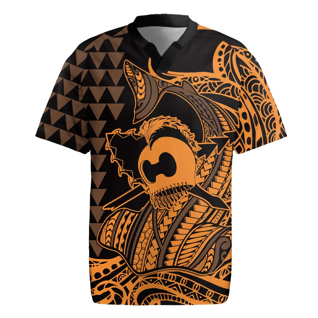 Koa Ikaika Warrior Helmet with Shark Rugby Jersey Gold Kakau Style