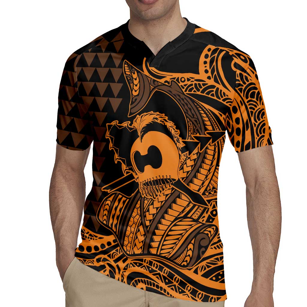 Koa Ikaika Warrior Helmet with Shark Rugby Jersey Gold Kakau Style