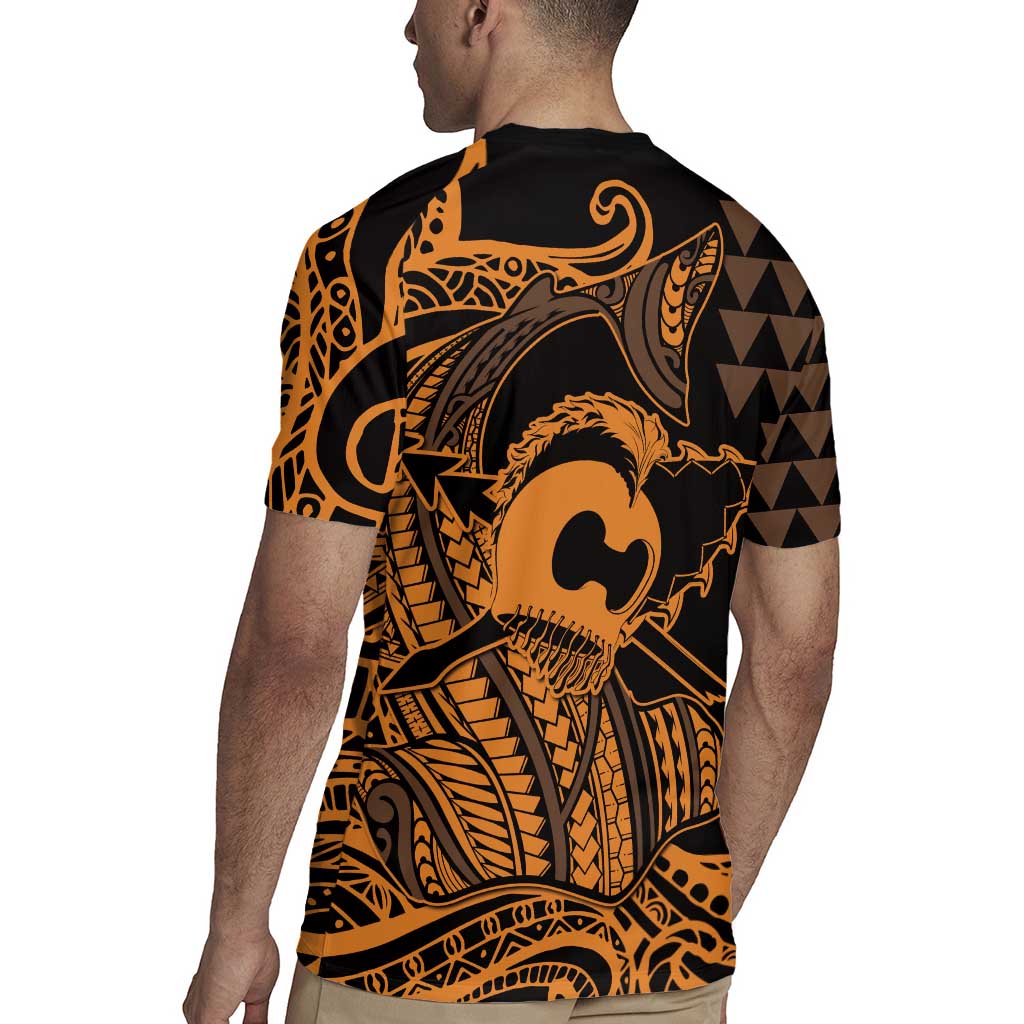 Koa Ikaika Warrior Helmet with Shark Rugby Jersey Gold Kakau Style