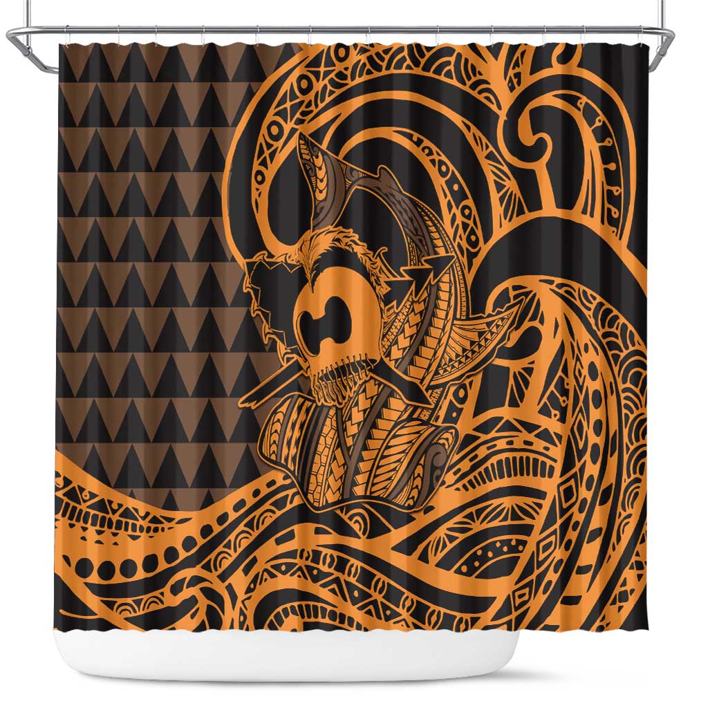 Koa Ikaika Warrior Helmet with Shark Shower Curtain Gold Kakau Style