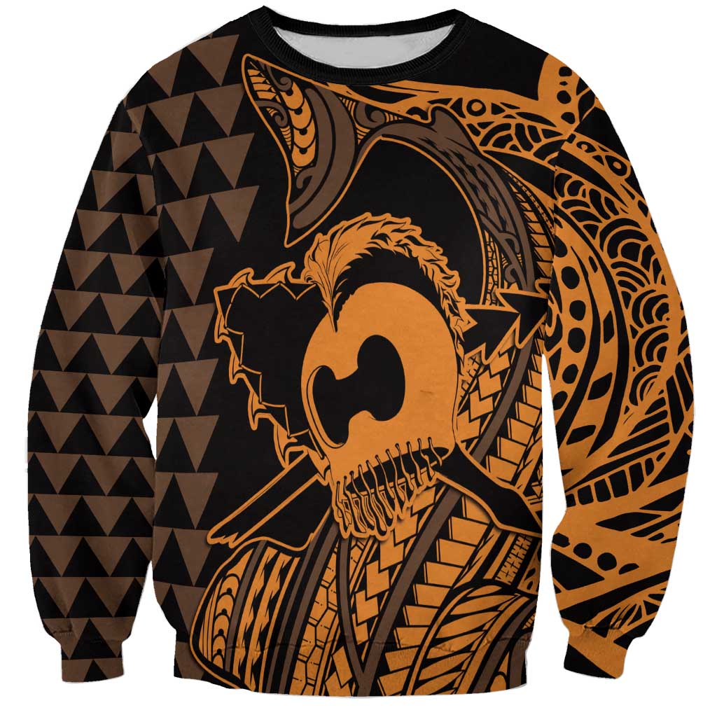 Koa Ikaika Warrior Helmet with Shark Sweatshirt Gold Kakau Style LT9 Unisex Gold - Polynesian Pride