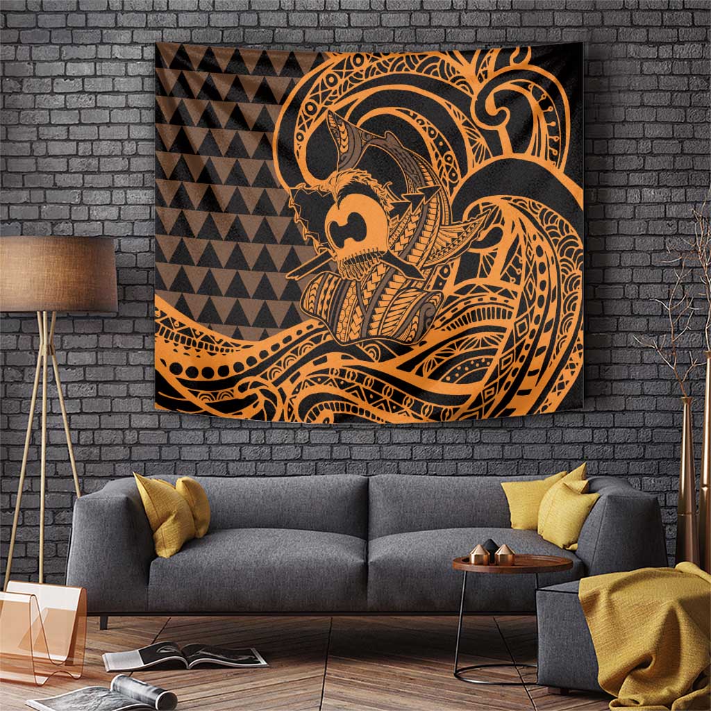 Koa Ikaika Warrior Helmet with Shark Tapestry Gold Kakau Style LT9 Gold - Polynesian Pride