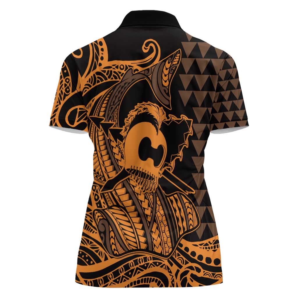 Koa Ikaika Warrior Helmet with Shark Women Polo Shirt Gold Kakau Style LT9 - Polynesian Pride