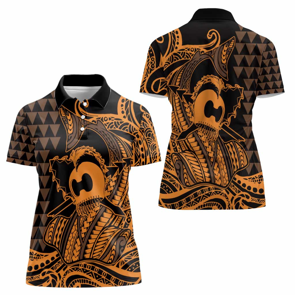 Koa Ikaika Warrior Helmet with Shark Women Polo Shirt Gold Kakau Style LT9 - Polynesian Pride