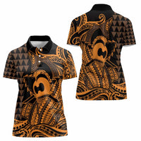Koa Ikaika Warrior Helmet with Shark Women Polo Shirt Gold Kakau Style LT9 - Polynesian Pride