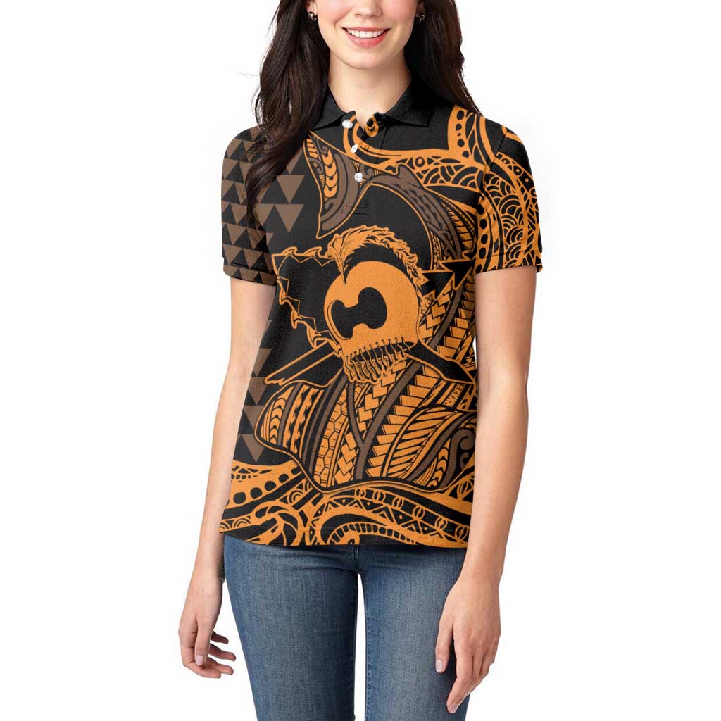 Koa Ikaika Warrior Helmet with Shark Women Polo Shirt Gold Kakau Style LT9 - Polynesian Pride
