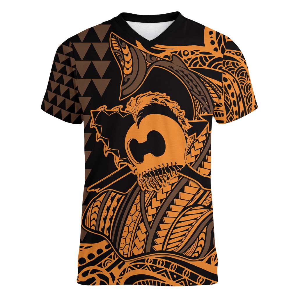 Koa Ikaika Warrior Helmet with Shark Women V-Neck T-Shirt Gold Kakau Style