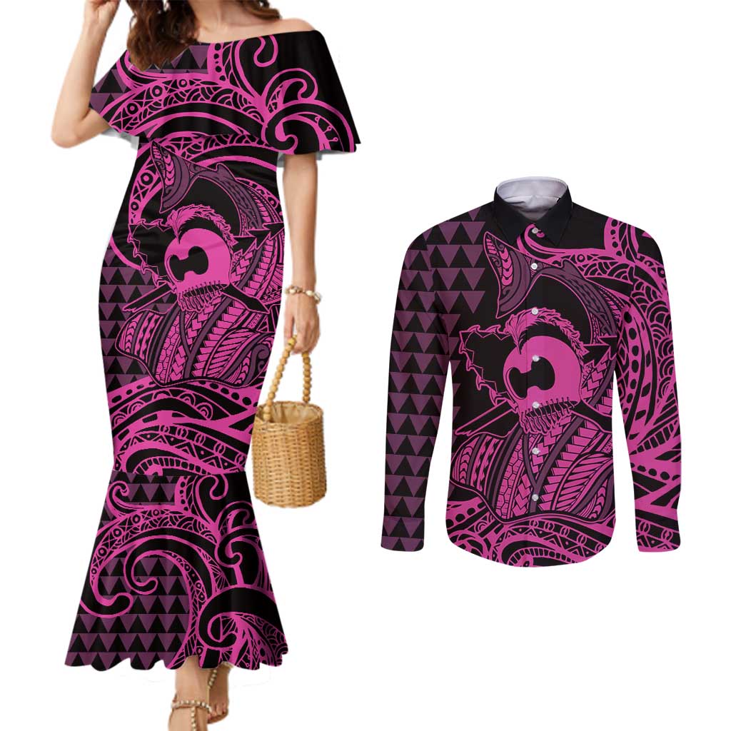 Koa Ikaika Warrior Helmet with Shark Couples Matching Mermaid Dress and Long Sleeve Button Shirt Pink Kakau Style