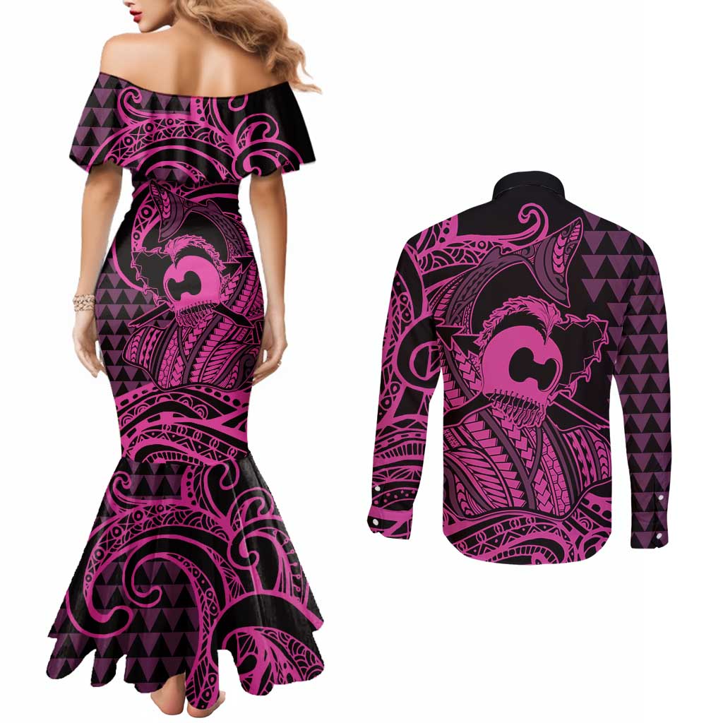 Koa Ikaika Warrior Helmet with Shark Couples Matching Mermaid Dress and Long Sleeve Button Shirt Pink Kakau Style