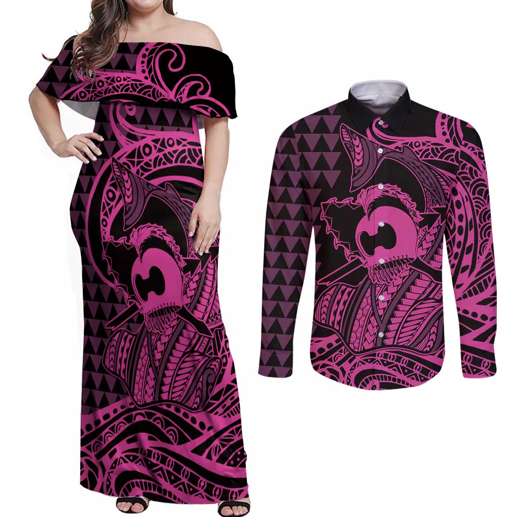Koa Ikaika Warrior Helmet with Shark Couples Matching Off Shoulder Maxi Dress and Long Sleeve Button Shirt Pink Kakau Style LT9 Pink - Polynesian Pride