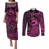 Koa Ikaika Warrior Helmet with Shark Couples Matching Puletasi and Long Sleeve Button Shirt Pink Kakau Style