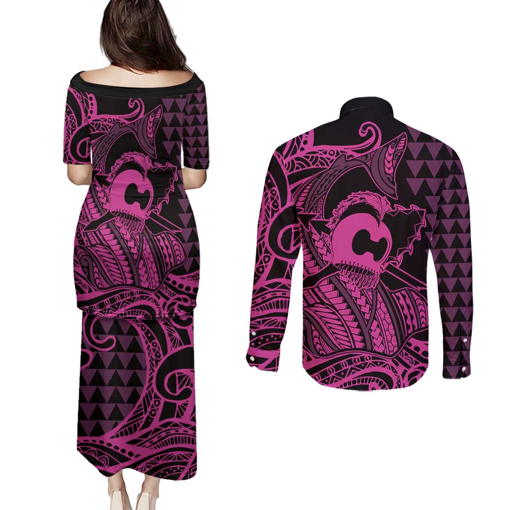 Koa Ikaika Warrior Helmet with Shark Couples Matching Puletasi and Long Sleeve Button Shirt Pink Kakau Style