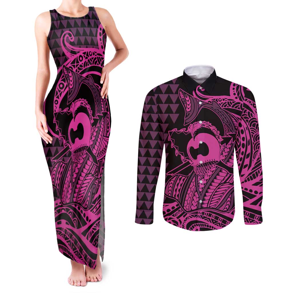 Koa Ikaika Warrior Helmet with Shark Couples Matching Tank Maxi Dress and Long Sleeve Button Shirt Pink Kakau Style