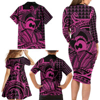 Koa Ikaika Warrior Helmet with Shark Family Matching Long Sleeve Bodycon Dress and Hawaiian Shirt Pink Kakau Style