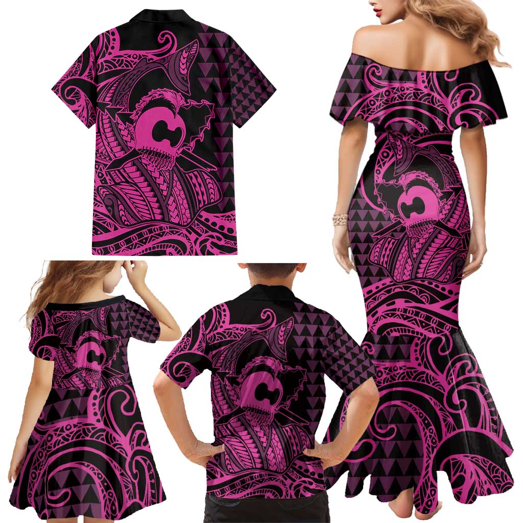Koa Ikaika Warrior Helmet with Shark Family Matching Mermaid Dress and Hawaiian Shirt Pink Kakau Style