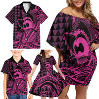 Koa Ikaika Warrior Helmet with Shark Family Matching Off Shoulder Short Dress and Hawaiian Shirt Pink Kakau Style