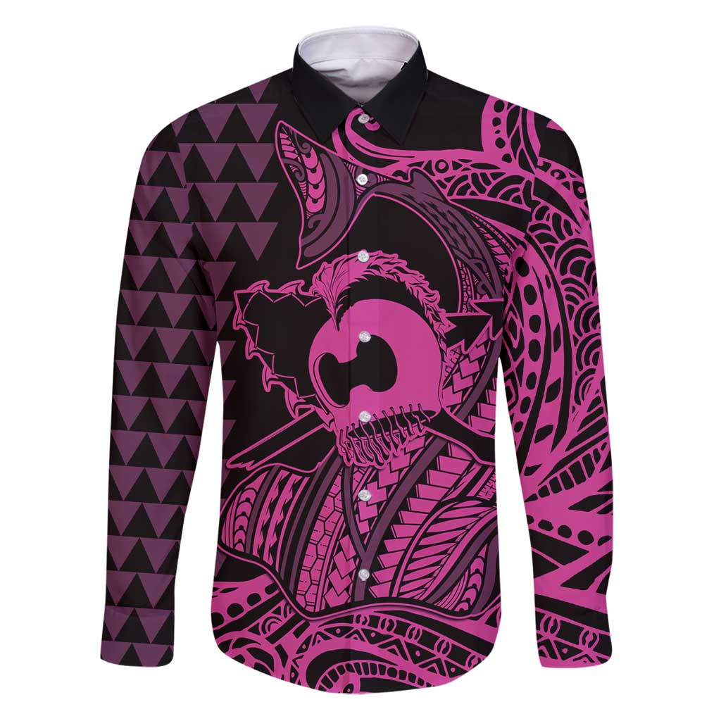 Koa Ikaika Warrior Helmet with Shark Family Matching Puletasi and Hawaiian Shirt Pink Kakau Style