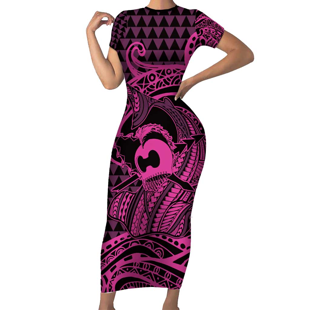 Koa Ikaika Warrior Helmet with Shark Family Matching Short Sleeve Bodycon Dress and Hawaiian Shirt Pink Kakau Style