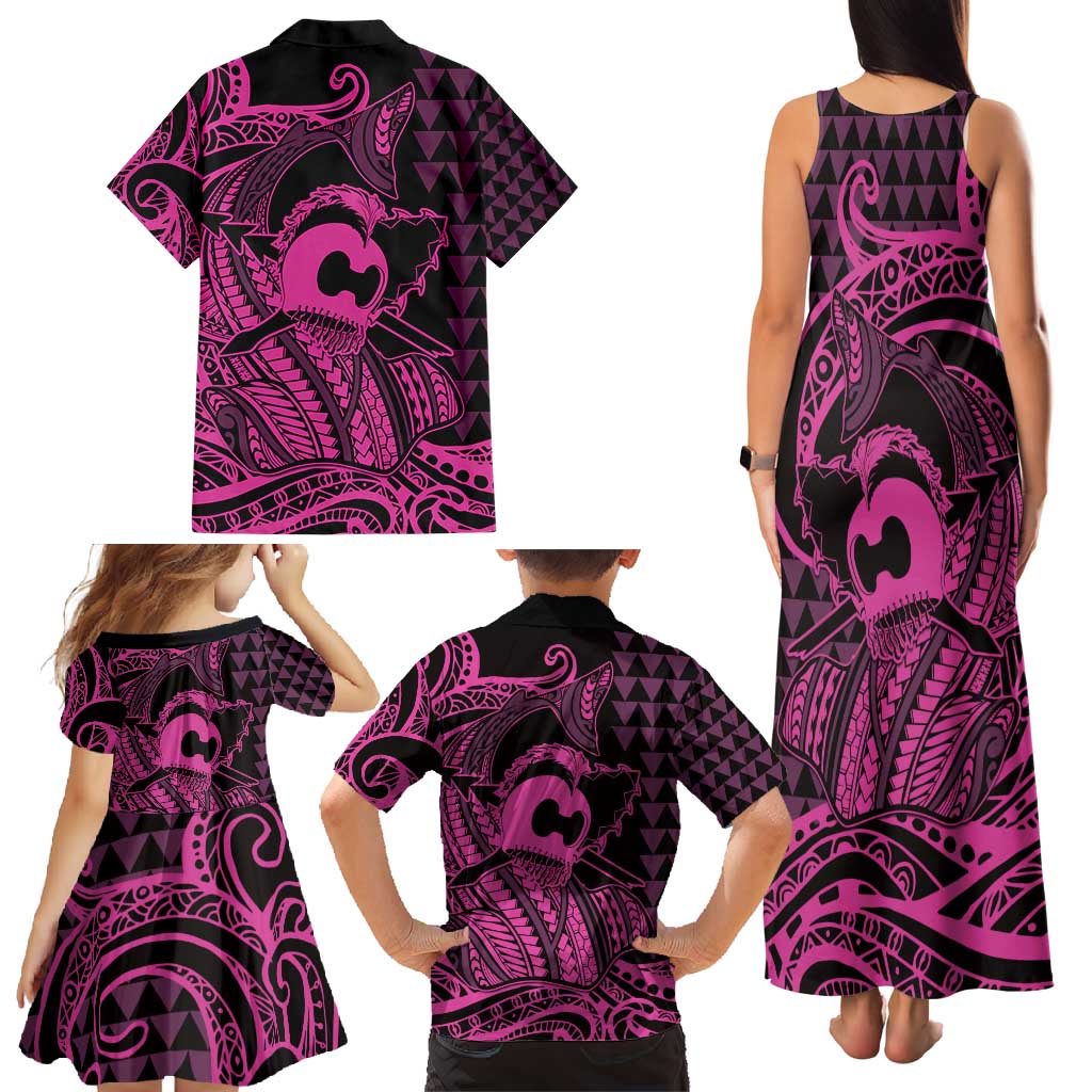 Koa Ikaika Warrior Helmet with Shark Family Matching Tank Maxi Dress and Hawaiian Shirt Pink Kakau Style
