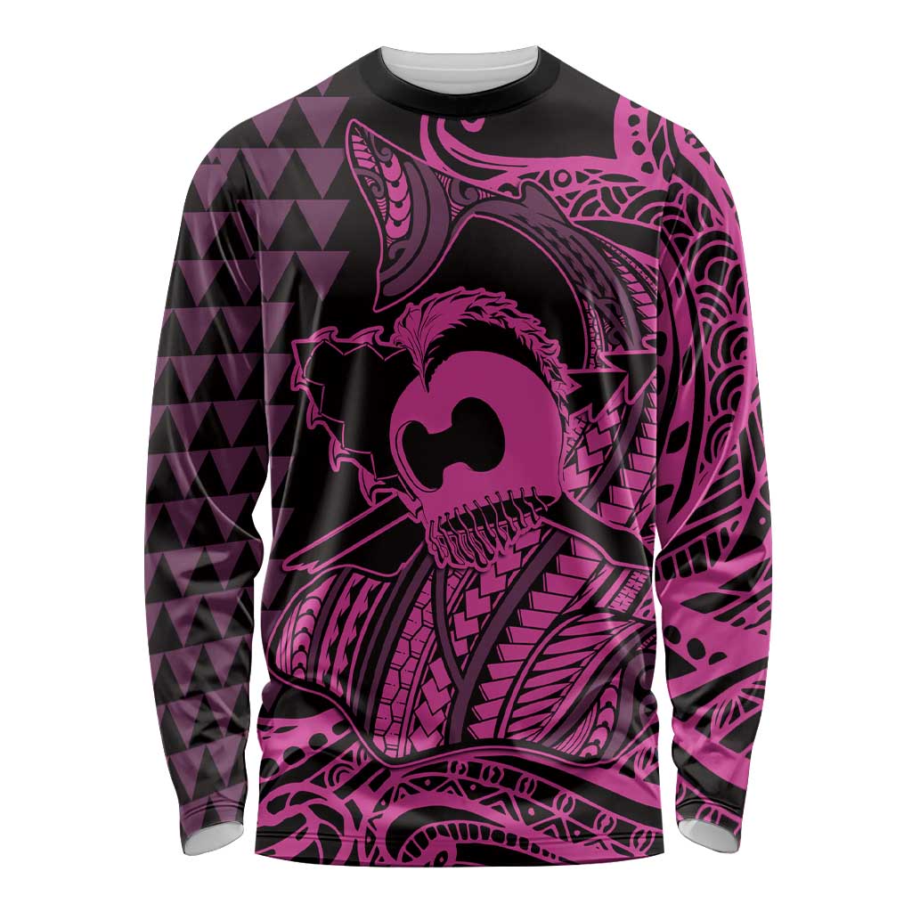Koa Ikaika Warrior Helmet with Shark Long Sleeve Shirt Pink Kakau Style LT9 Unisex Pink - Polynesian Pride