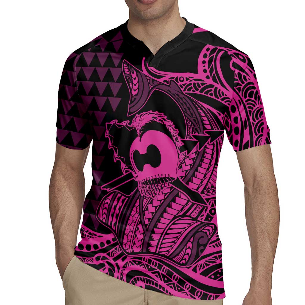 Koa Ikaika Warrior Helmet with Shark Rugby Jersey Pink Kakau Style