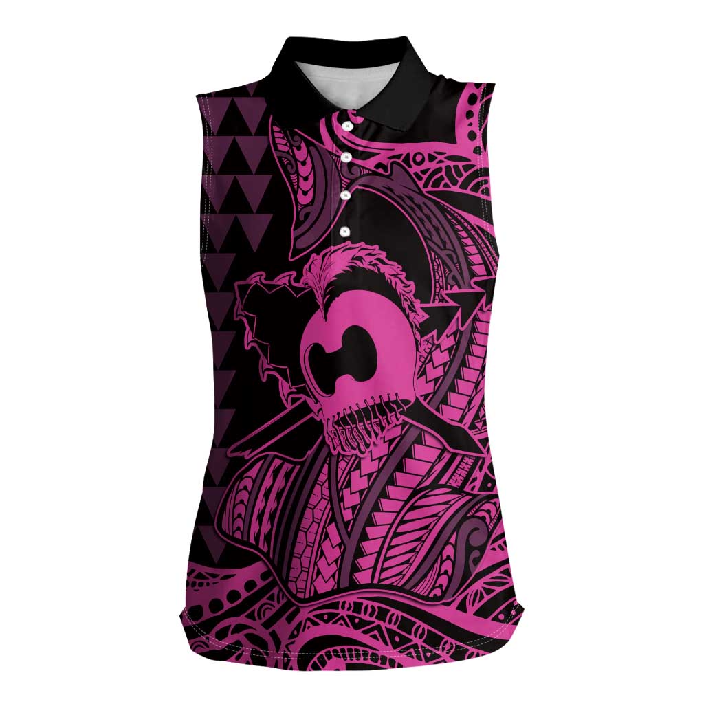 Koa Ikaika Warrior Helmet with Shark Women Sleeveless Polo Shirt Pink Kakau Style