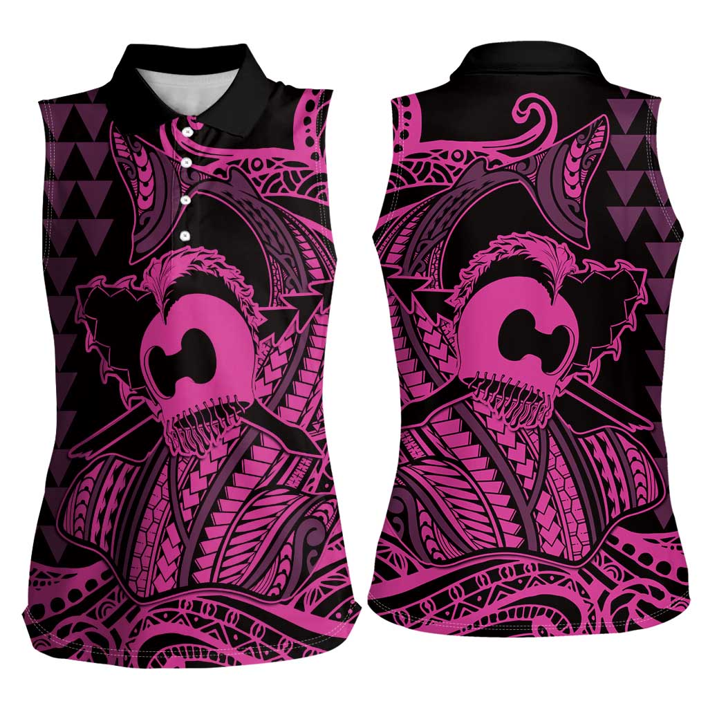 Koa Ikaika Warrior Helmet with Shark Women Sleeveless Polo Shirt Pink Kakau Style