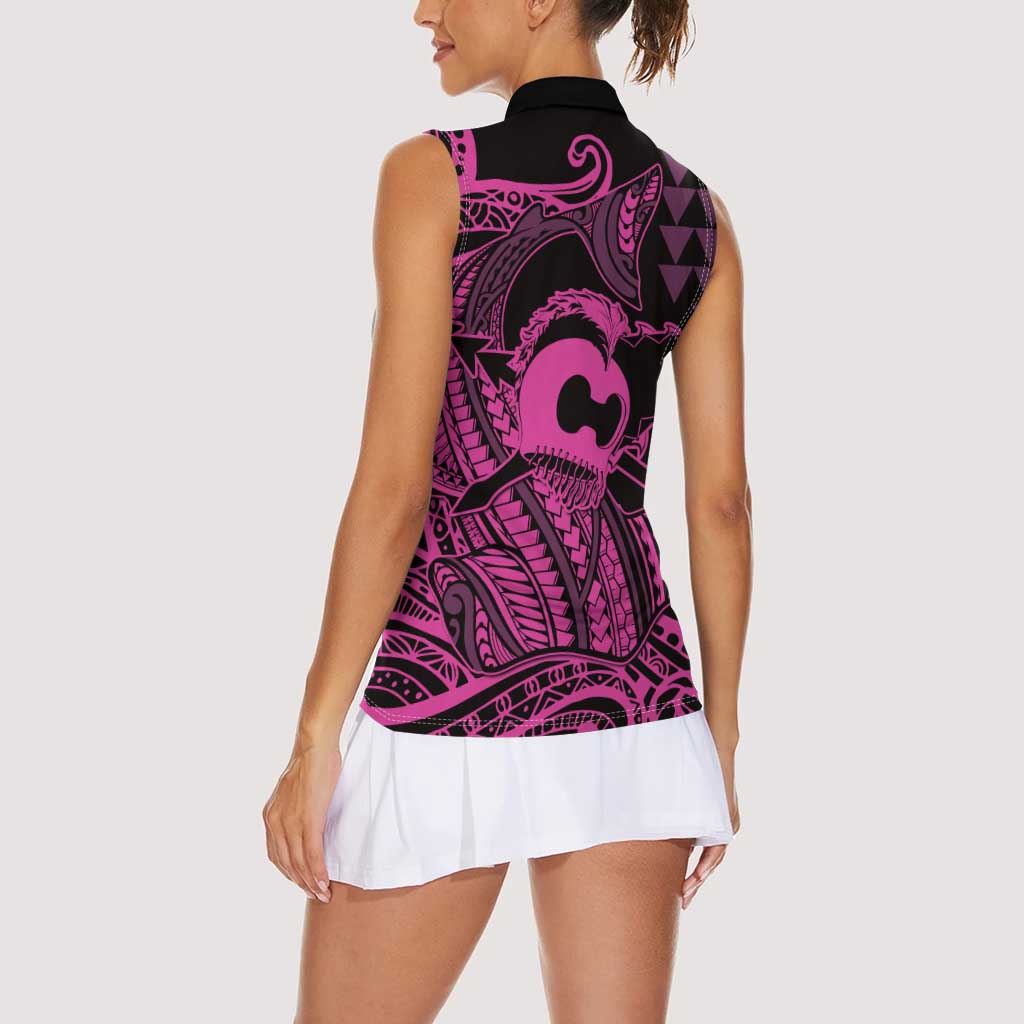 Koa Ikaika Warrior Helmet with Shark Women Sleeveless Polo Shirt Pink Kakau Style