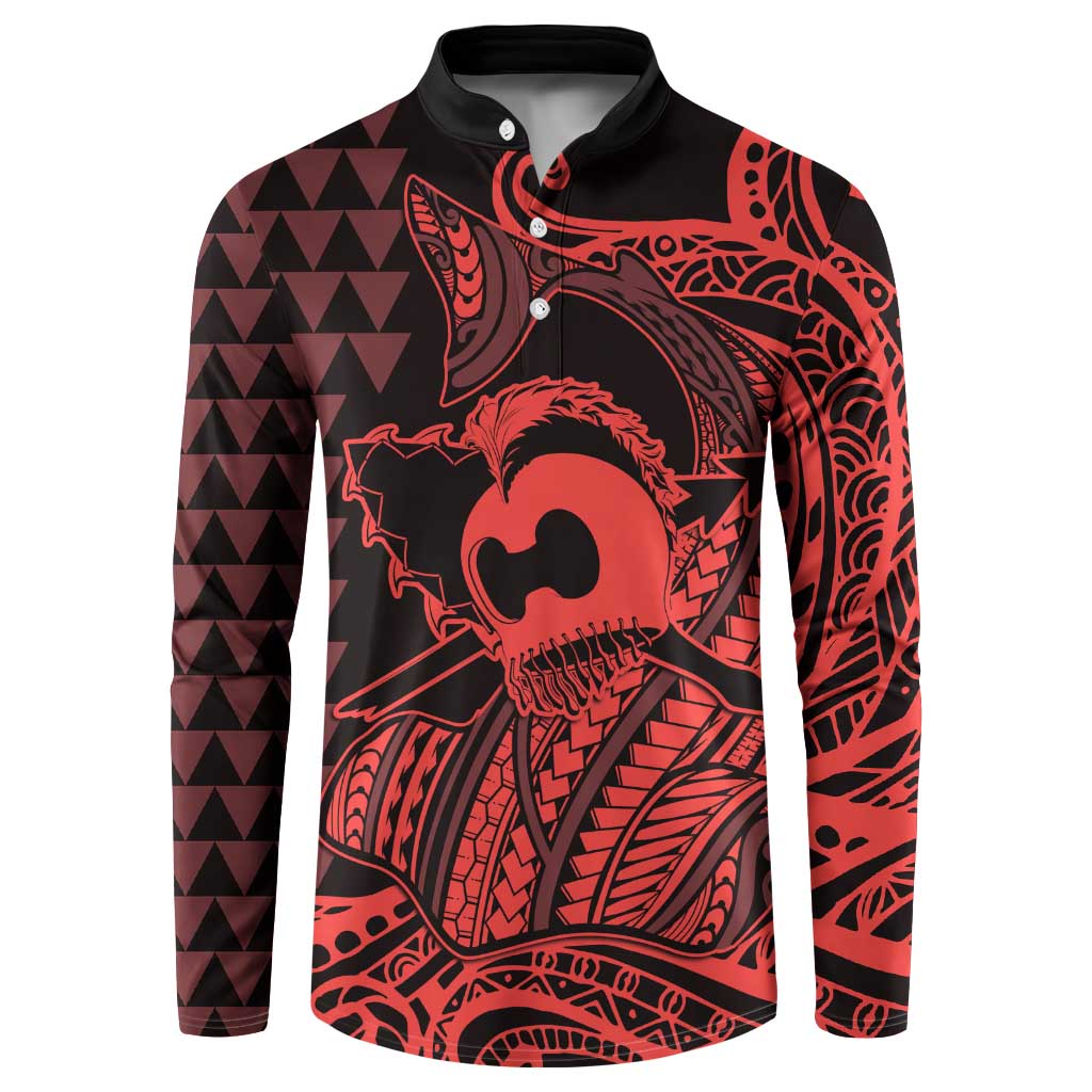 Koa Ikaika Warrior Helmet with Shark Button Sweatshirt Red Kakau Style