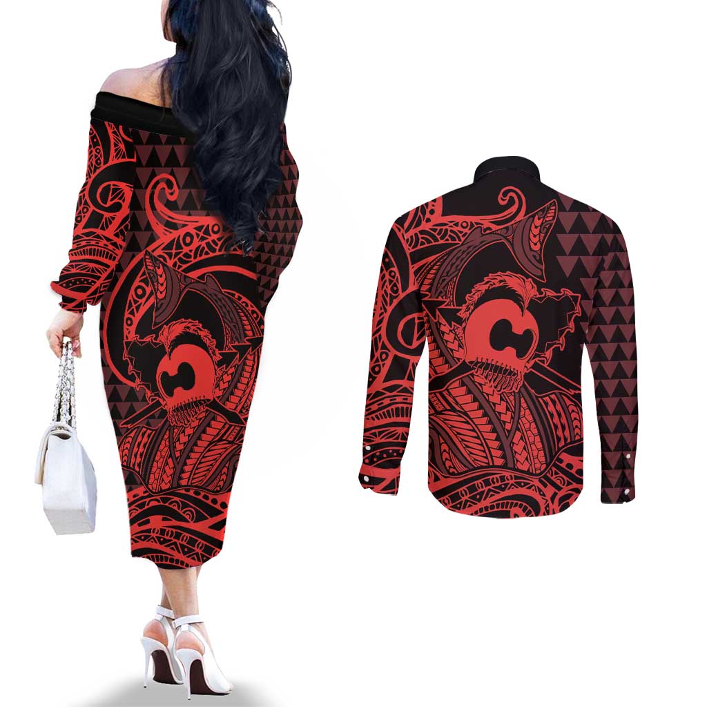 Koa Ikaika Warrior Helmet with Shark Couples Matching Off The Shoulder Long Sleeve Dress and Long Sleeve Button Shirt Red Kakau Style
