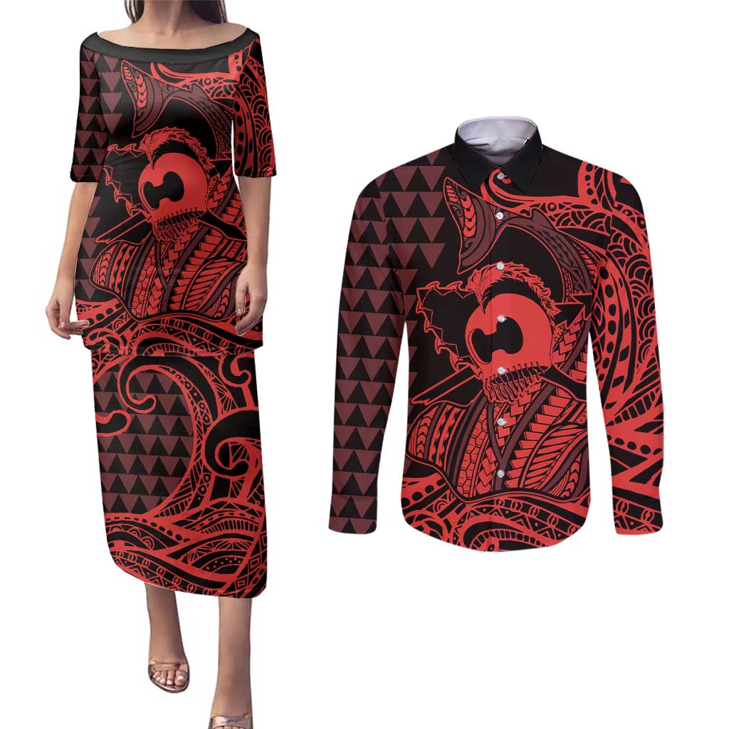 Koa Ikaika Warrior Helmet with Shark Couples Matching Puletasi and Long Sleeve Button Shirt Red Kakau Style