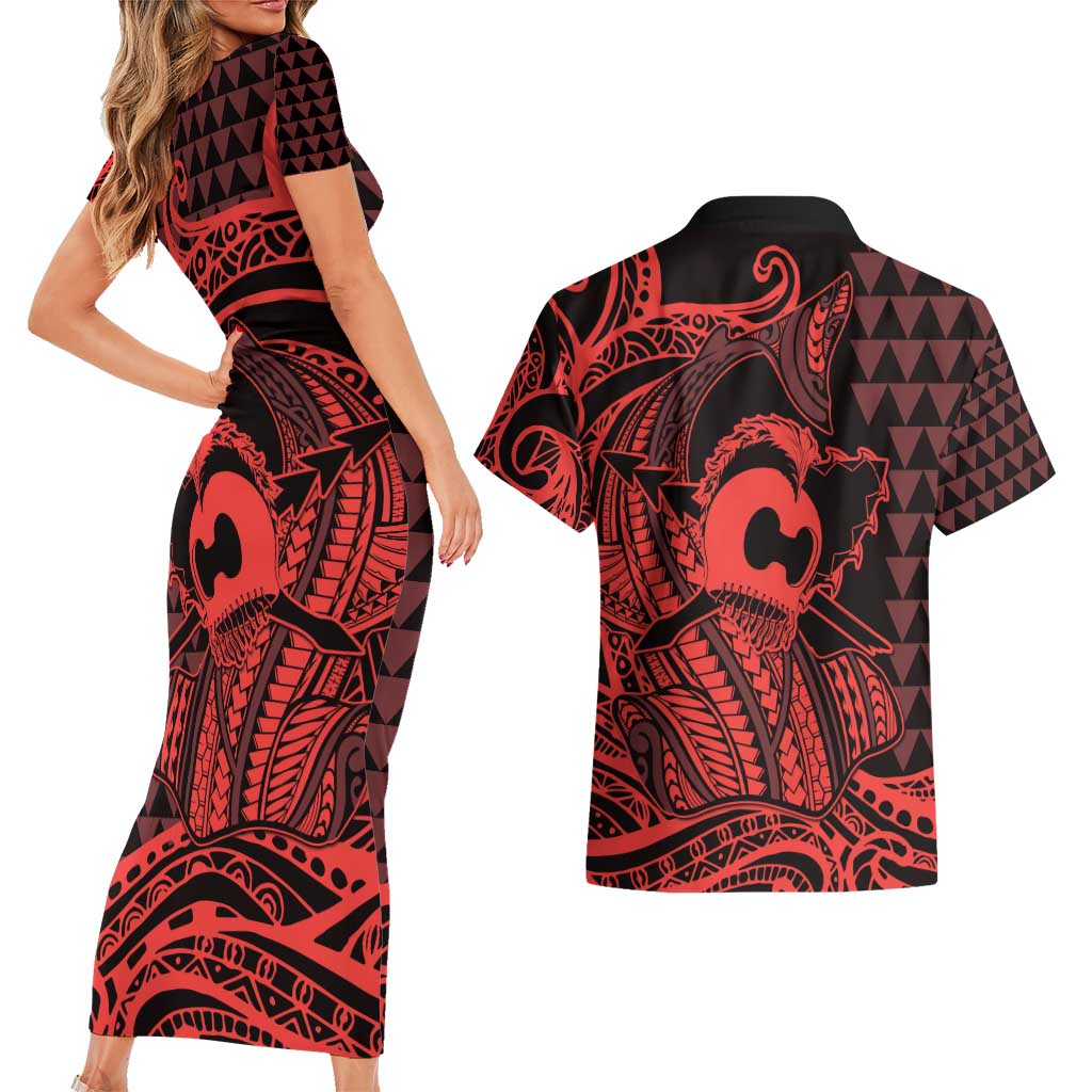 Koa Ikaika Warrior Helmet with Shark Couples Matching Short Sleeve Bodycon Dress and Hawaiian Shirt Red Kakau Style