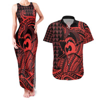 Koa Ikaika Warrior Helmet with Shark Couples Matching Tank Maxi Dress and Hawaiian Shirt Red Kakau Style