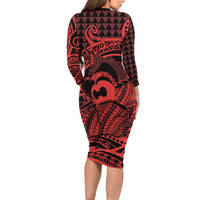 Koa Ikaika Warrior Helmet with Shark Family Matching Long Sleeve Bodycon Dress and Hawaiian Shirt Red Kakau Style