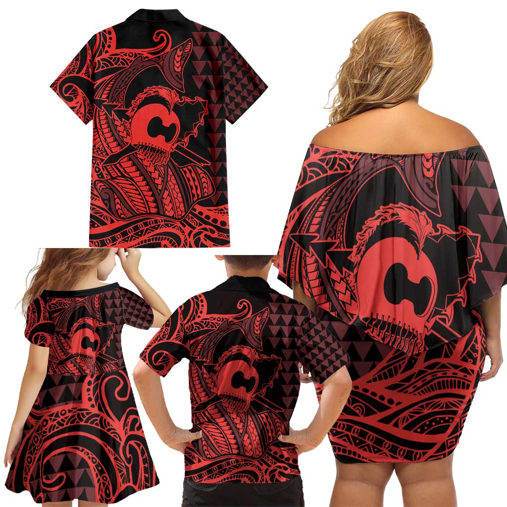 Koa Ikaika Warrior Helmet with Shark Family Matching Off Shoulder Short Dress and Hawaiian Shirt Red Kakau Style