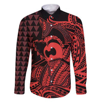 Koa Ikaika Warrior Helmet with Shark Family Matching Off Shoulder Short Dress and Hawaiian Shirt Red Kakau Style