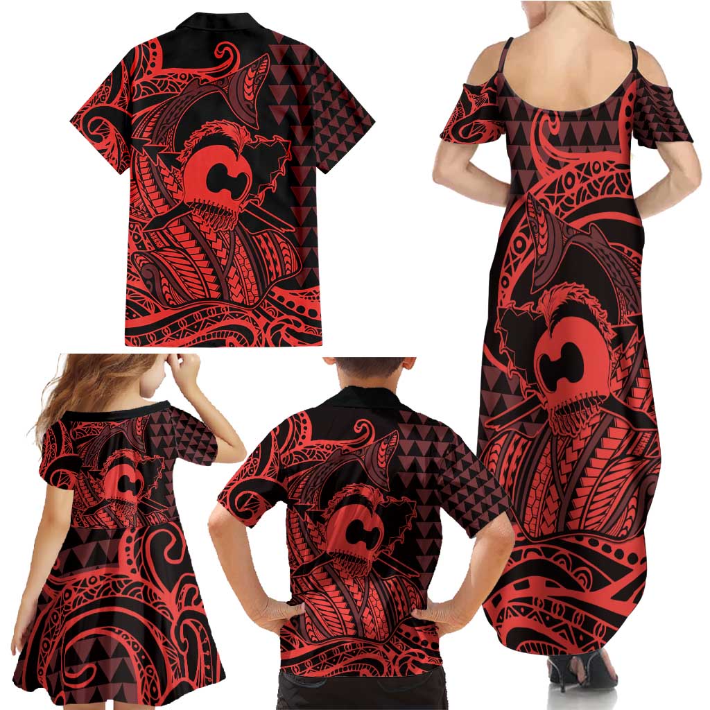 Koa Ikaika Warrior Helmet with Shark Family Matching Summer Maxi Dress and Hawaiian Shirt Red Kakau Style