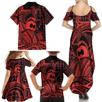 Koa Ikaika Warrior Helmet with Shark Family Matching Summer Maxi Dress and Hawaiian Shirt Red Kakau Style