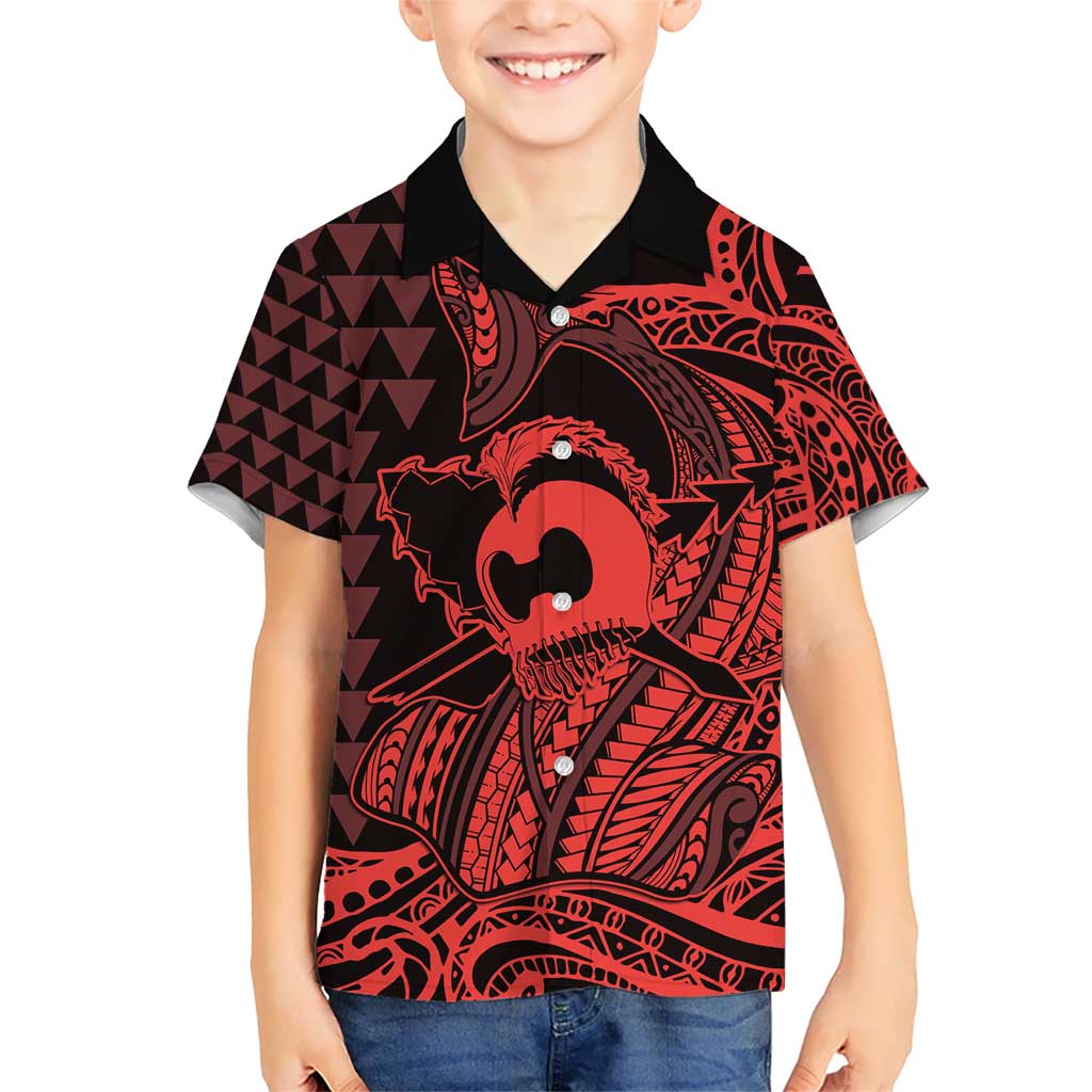 Koa Ikaika Warrior Helmet with Shark Kid Hawaiian Shirt Red Kakau Style LT9 Kid Red - Polynesian Pride