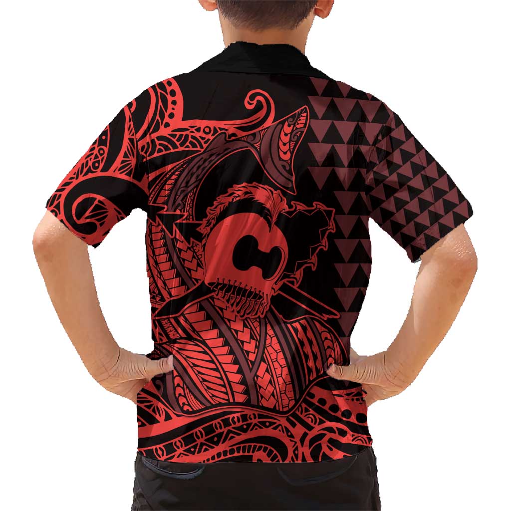 Koa Ikaika Warrior Helmet with Shark Kid Hawaiian Shirt Red Kakau Style LT9 - Polynesian Pride