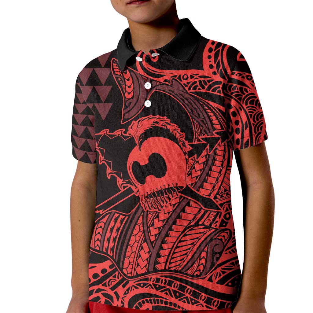 Koa Ikaika Warrior Helmet with Shark Kid Polo Shirt Red Kakau Style LT9 Kid Red - Polynesian Pride