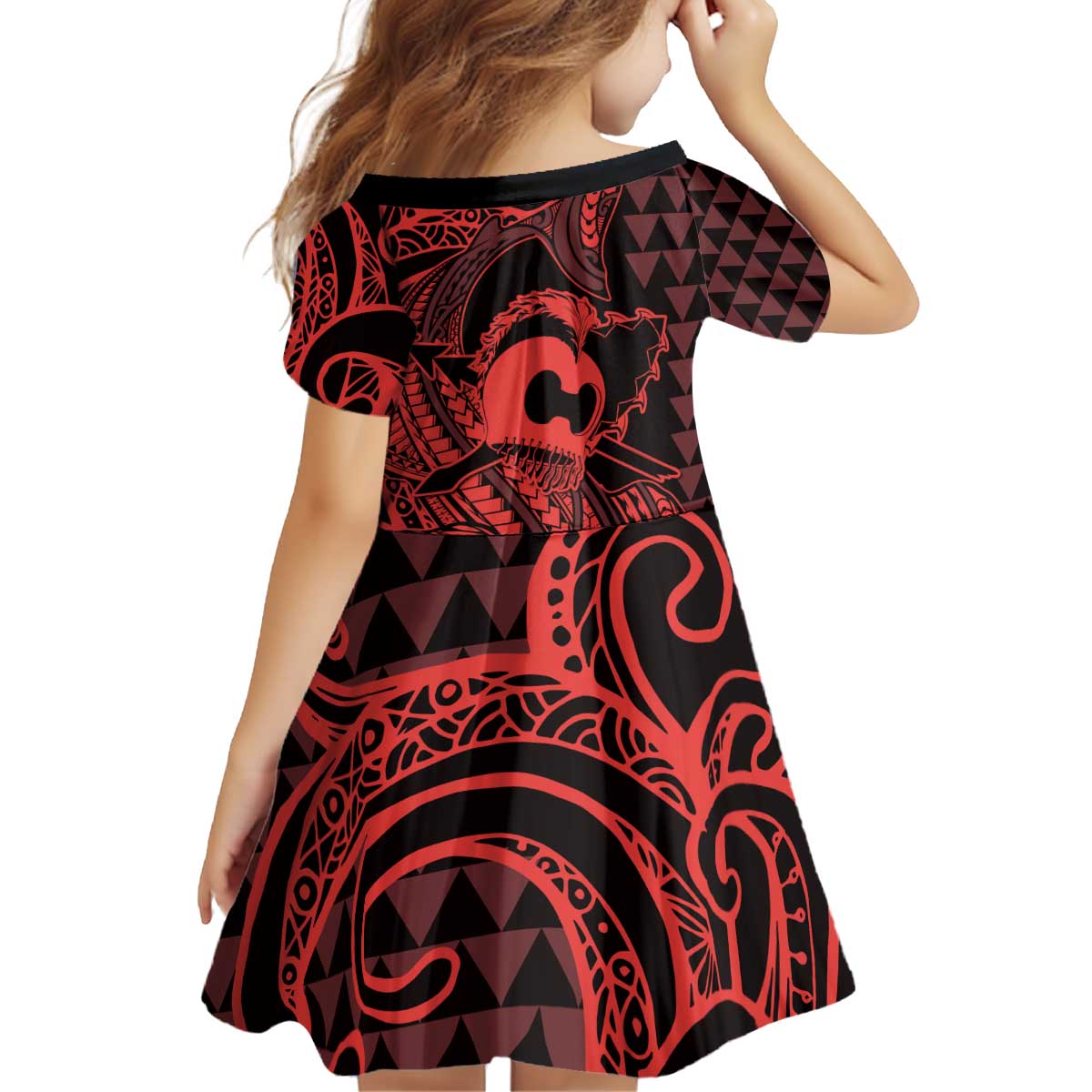 Koa Ikaika Warrior Helmet with Shark Kid Short Sleeve Dress Red Kakau Style