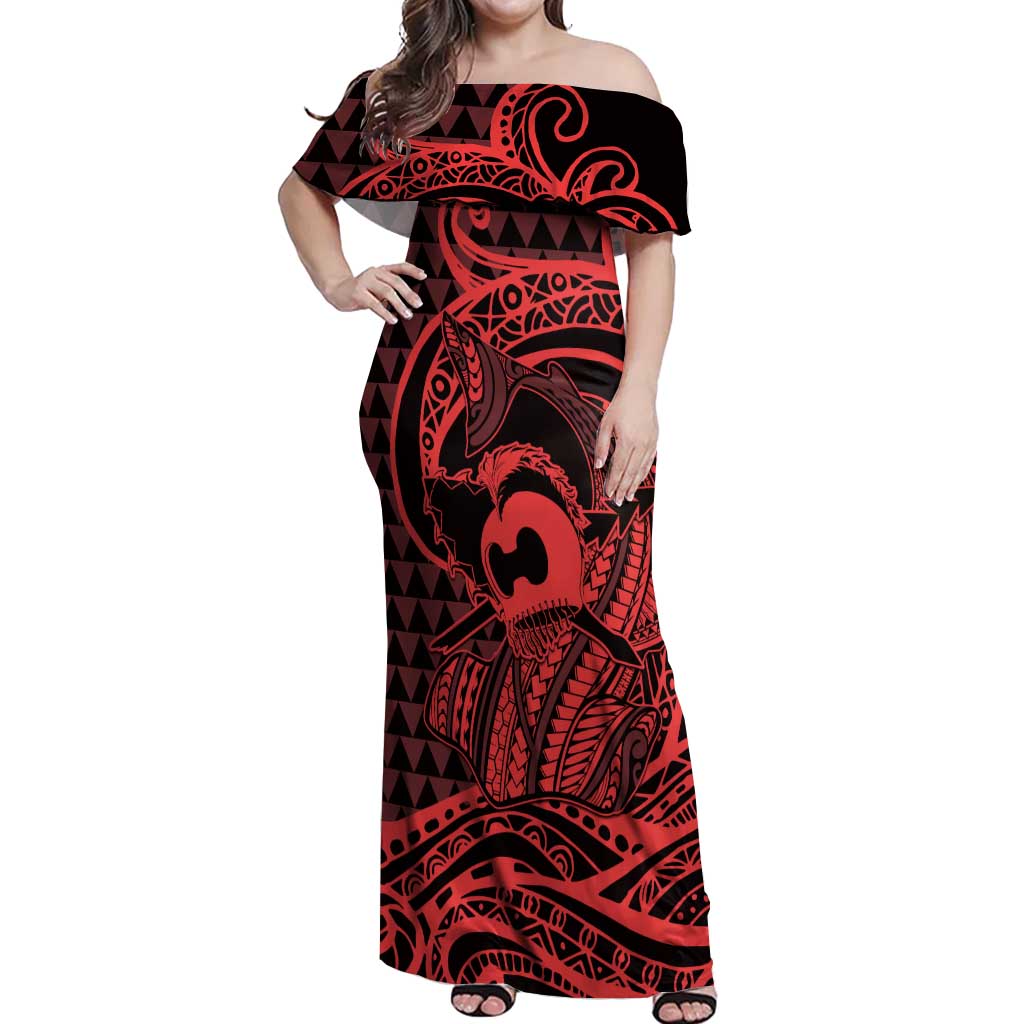 Koa Ikaika Warrior Helmet with Shark Off Shoulder Maxi Dress Red Kakau Style LT9 Women Red - Polynesian Pride
