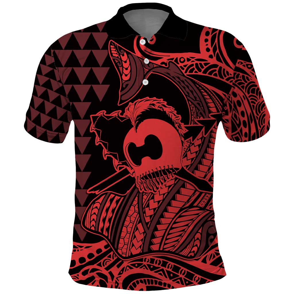 Koa Ikaika Warrior Helmet with Shark Polo Shirt Red Kakau Style