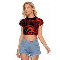 Koa Ikaika Warrior Helmet with Shark Raglan Cropped T Shirt Red Kakau Style LT9 Female Red - Polynesian Pride