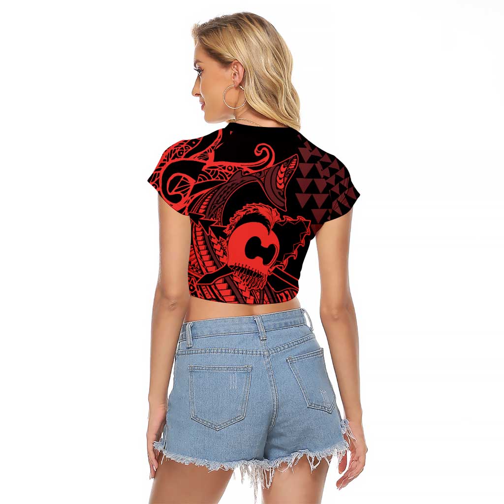 Koa Ikaika Warrior Helmet with Shark Raglan Cropped T Shirt Red Kakau Style LT9 - Polynesian Pride
