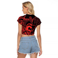Koa Ikaika Warrior Helmet with Shark Raglan Cropped T Shirt Red Kakau Style LT9 - Polynesian Pride