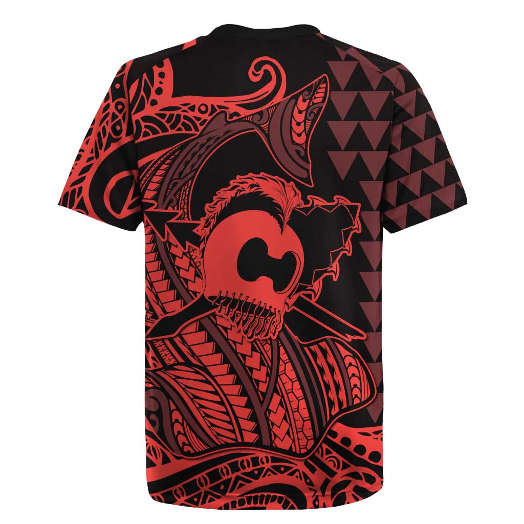 Koa Ikaika Warrior Helmet with Shark Rugby Jersey Red Kakau Style