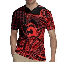 Koa Ikaika Warrior Helmet with Shark Rugby Jersey Red Kakau Style