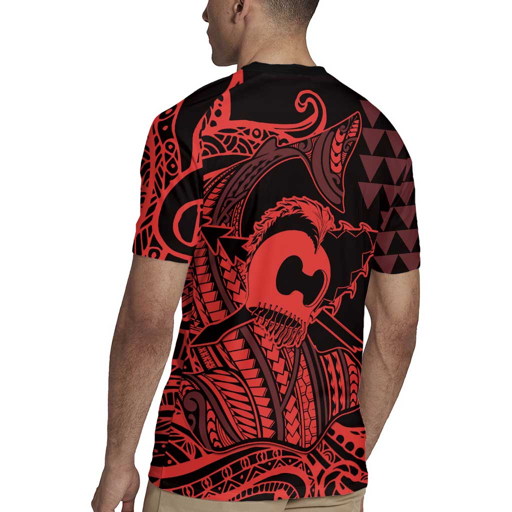 Koa Ikaika Warrior Helmet with Shark Rugby Jersey Red Kakau Style